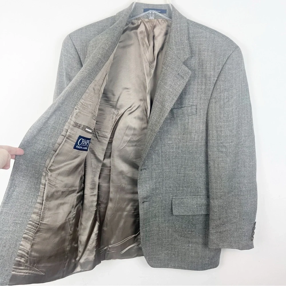 Ralph Lauren Chaps Silk Linen Wool Herringbone Blazer 38 Short Mens Jacket Brown